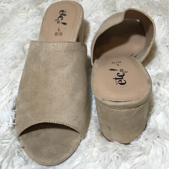Beige Chunky Heel Peep Open Toe Vegan Mules Sz 8/9 - Picture 3 of 8